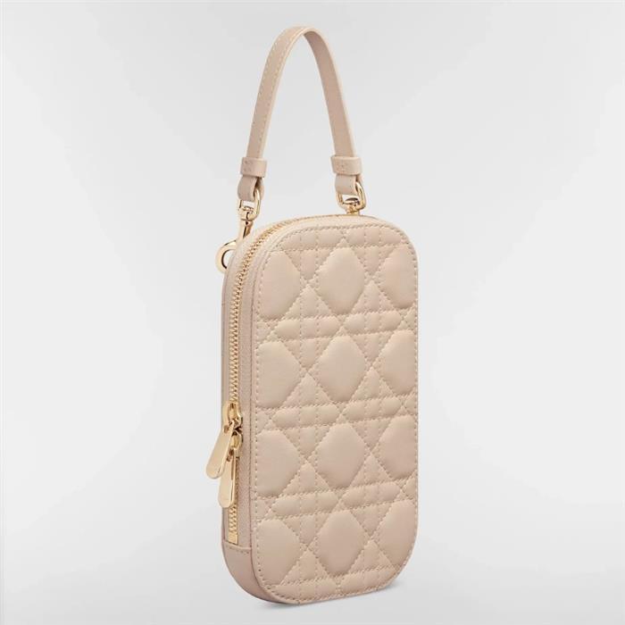DIOR Lady Dior Calfskin Phone Holder Shoulder Bag Pink