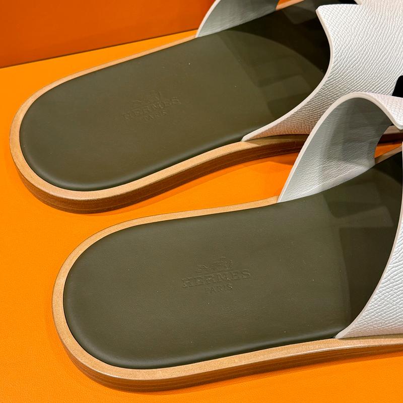 HERMES Izmir Sandals Epsom Calfskin Khaki Beige Men's Slippers