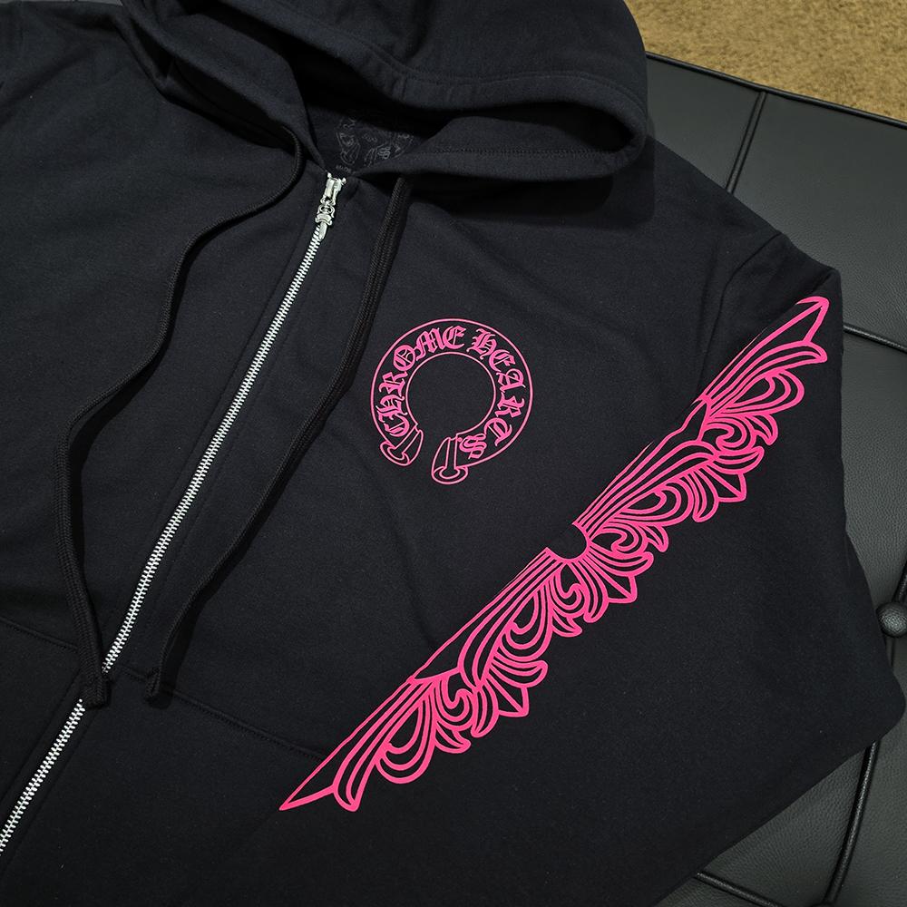 Chrome Hearts Pink Horseshoe Fleece Zip Hoodie Black Unisex