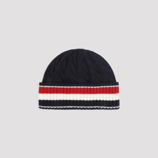 THOM BROWNE Navy Wool Ribbed Beanie Hat