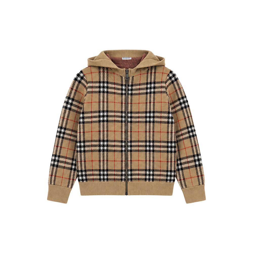 BURBERRY Kids Women Check Hooded Knit Zip Jacket Sand Beige 8131977
