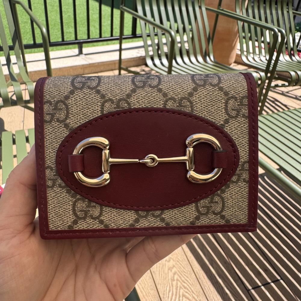 GUCCI Horsebit 1955 Beige Ancora Red Leather Card Case Wallet 621887