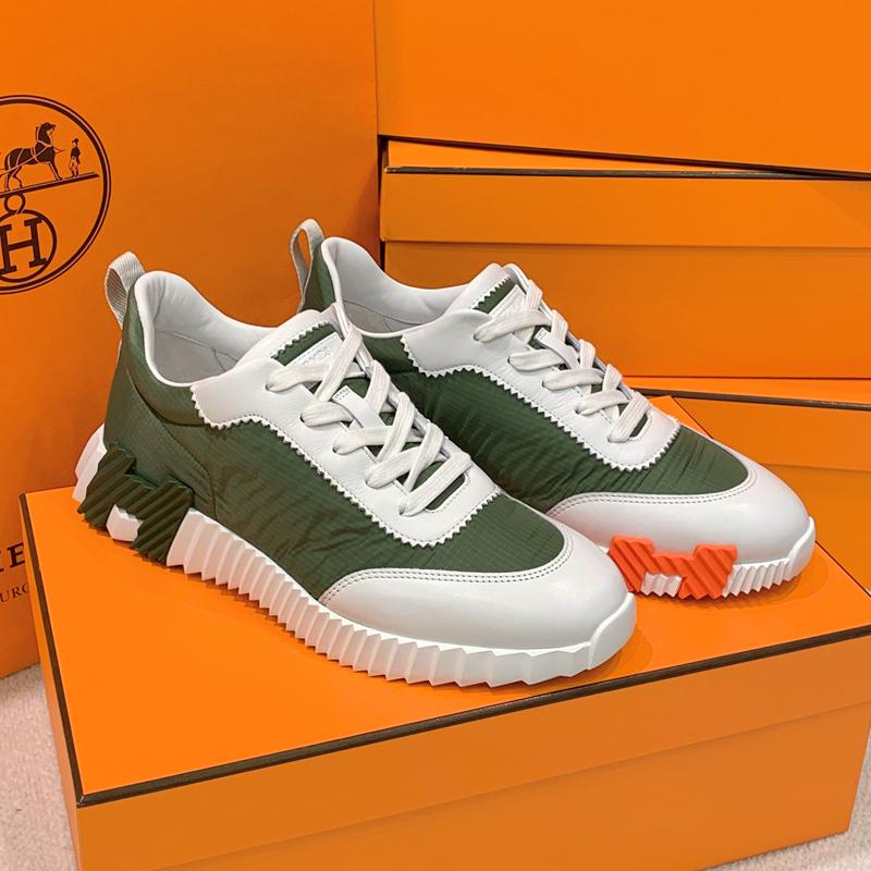 HERMES Men Bouncing Ripstop Fabric Calfskin Khaki H Two-Tone Sneakers