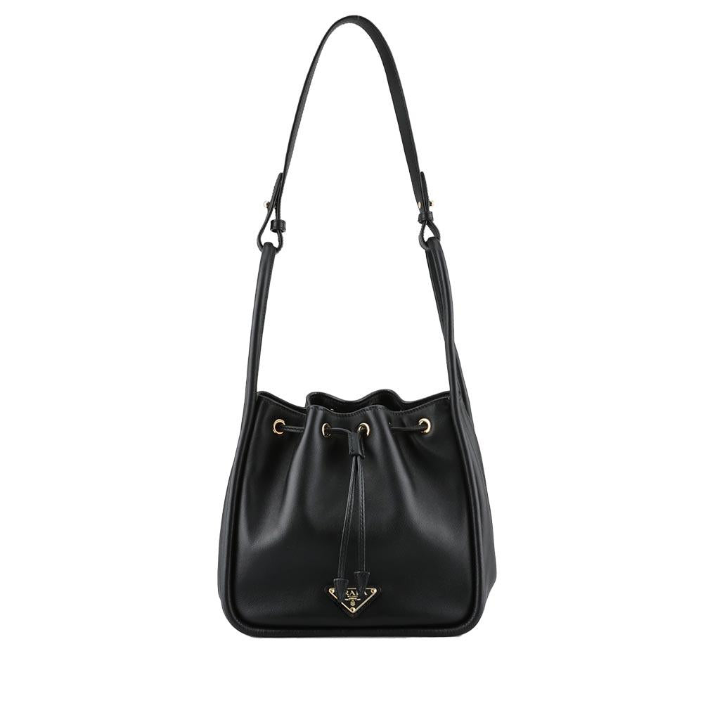 PRADA Black Leather Bucket Shoulder Bag with Buckle 1BE087 2CYS F0002