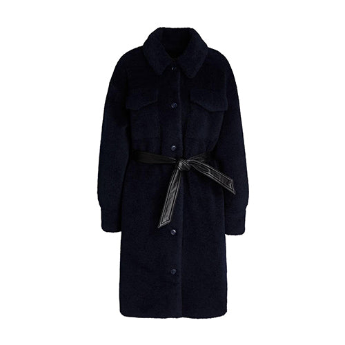 maje Belted Faux Shearling Coat Navy