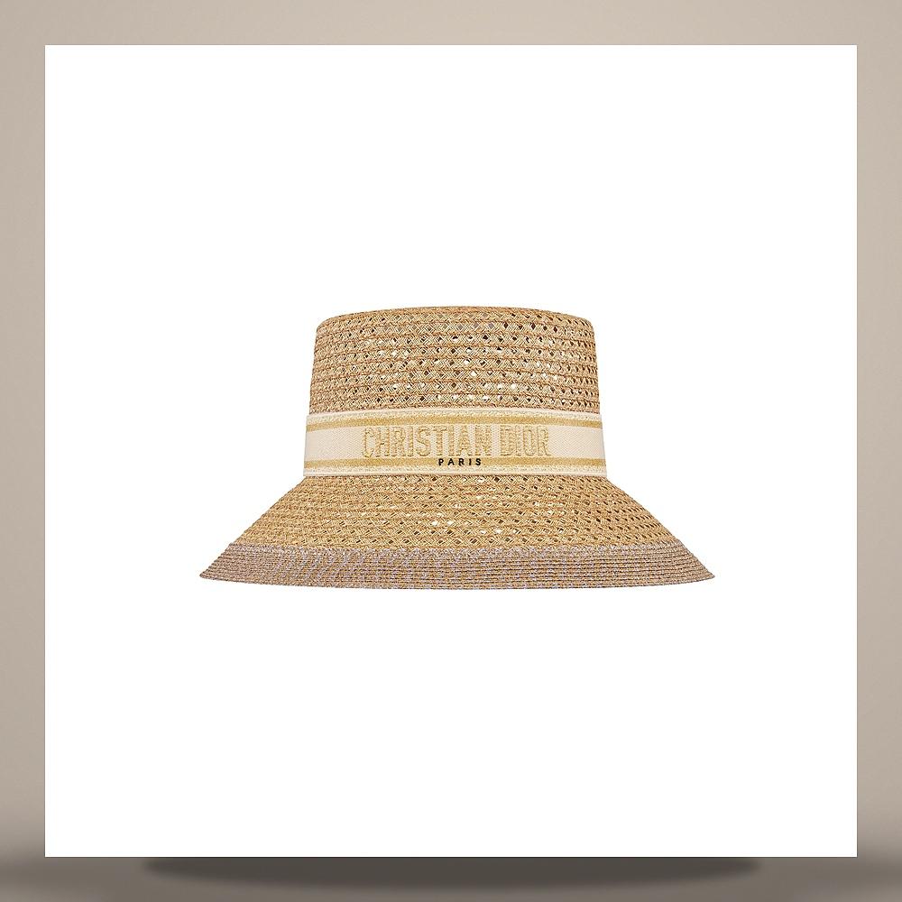 DIOR Ecru Wide Brim Straw Hat with Gold-Tone Embroidered Band