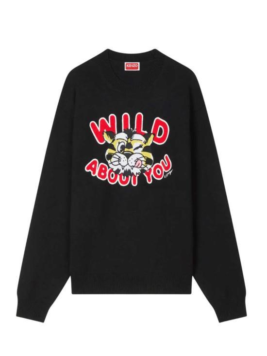 KENZO Black Round Neck Knit Sweater for Men FG55PU7853LO99J
