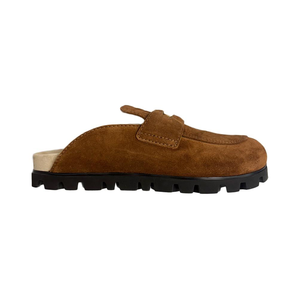 Miu Miu Brown Suede Embossed Logo Penny Mule Slippers 5D058E 054 F0316