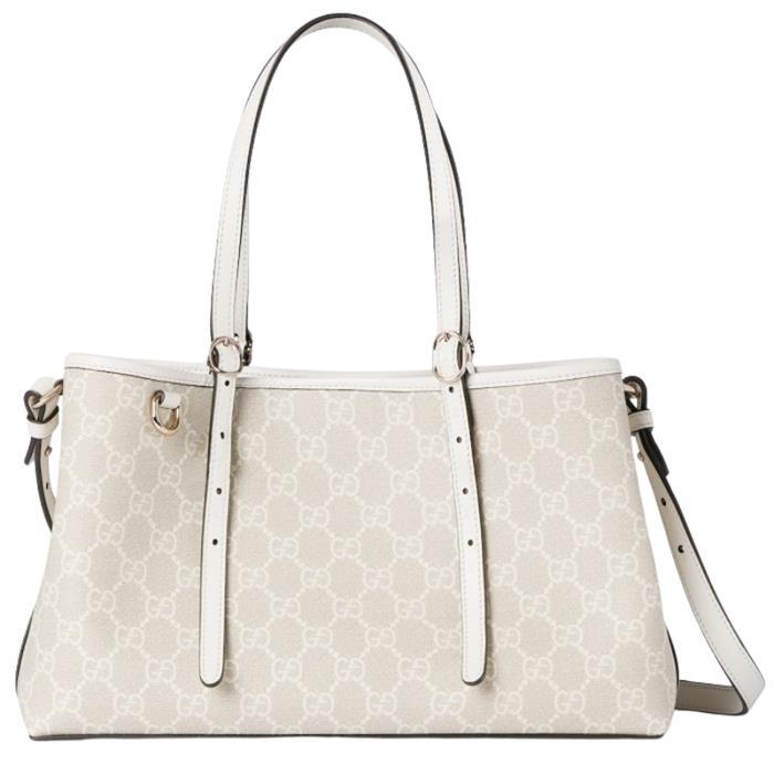 GUCCI GG Emblem Small Leather Tote Shoulder Bag Cream