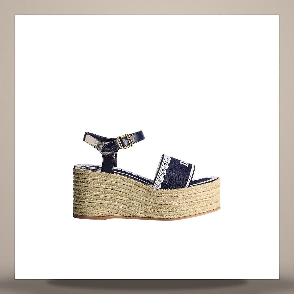 DIOR Navy Blue Wedge Sandals Dior Oblique Embroidered Cotton Whit KDO704DET S32N