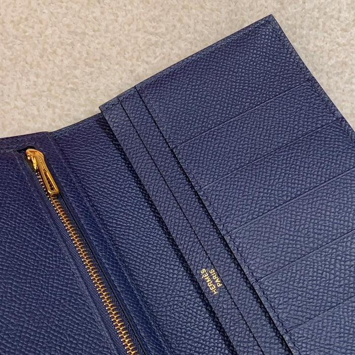 HERMES Blue Epsom Calfskin Béarn Long Wallet Gold Hardware