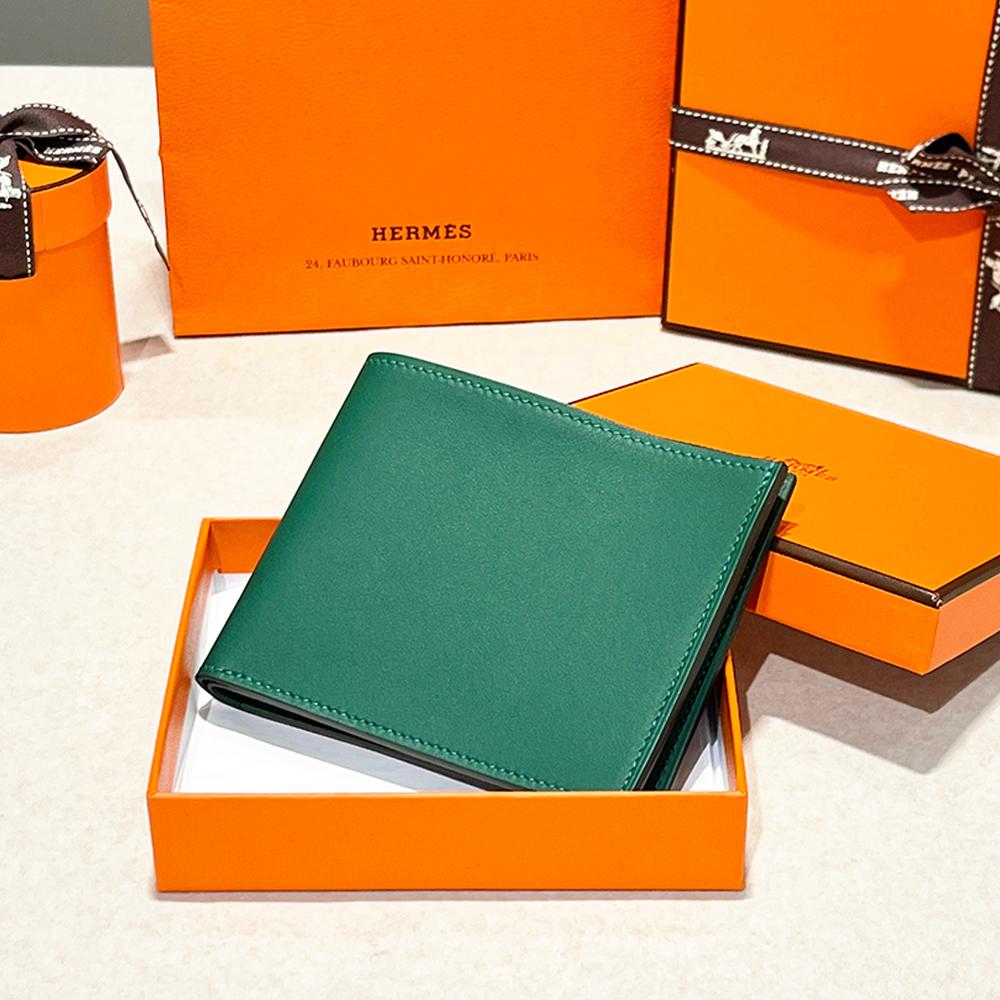HERMES Citizen Twill Compact Wallet Evercolor Green with Blue Lining