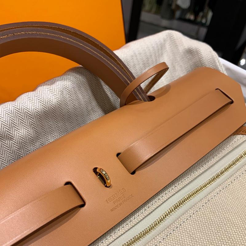 HERMES Herbag 31 Shoulder Tote Bag Beton Canvas Gold Hardware