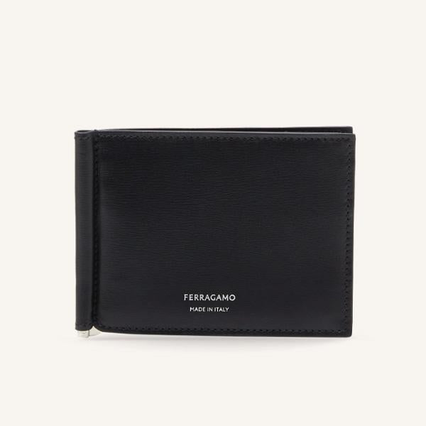 Ferragamo Pebbled Calfskin 6CC Money Clip Wallet