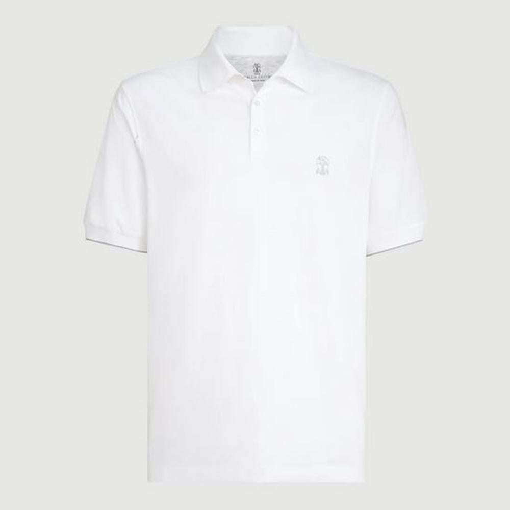 Brunello Cucinelli Light White Embroidered Logo Polo Shirt for Men