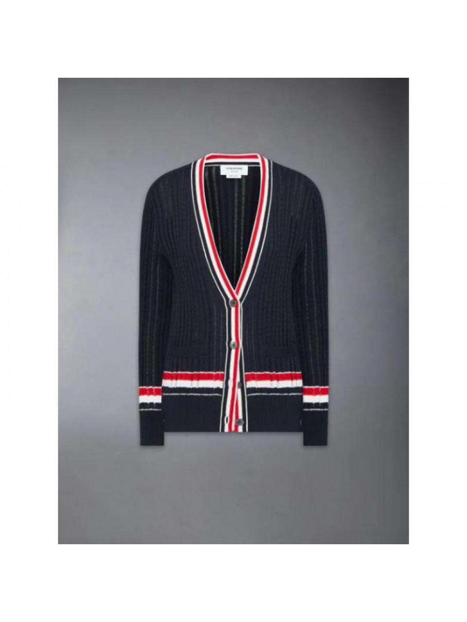 THOM BROWNE RWB Stripe Baby Leather Cable Knit Sweater FKC706A Y3014 415