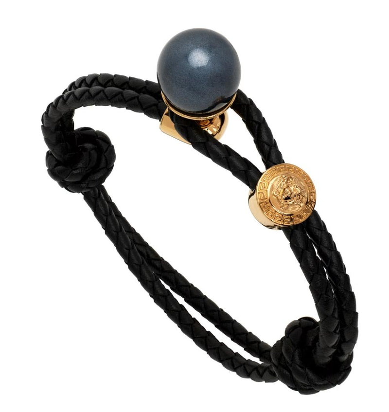 Versace Black Leather Bracelet with Pearl Detail 1007149 1A05106 4J120