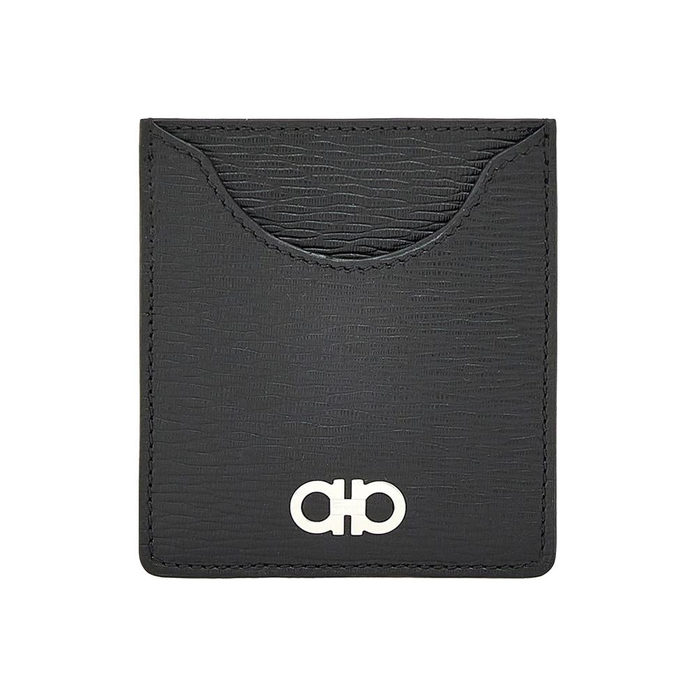 Ferragamo Black Leather Double Gancini Card Holder Wallet 0751734