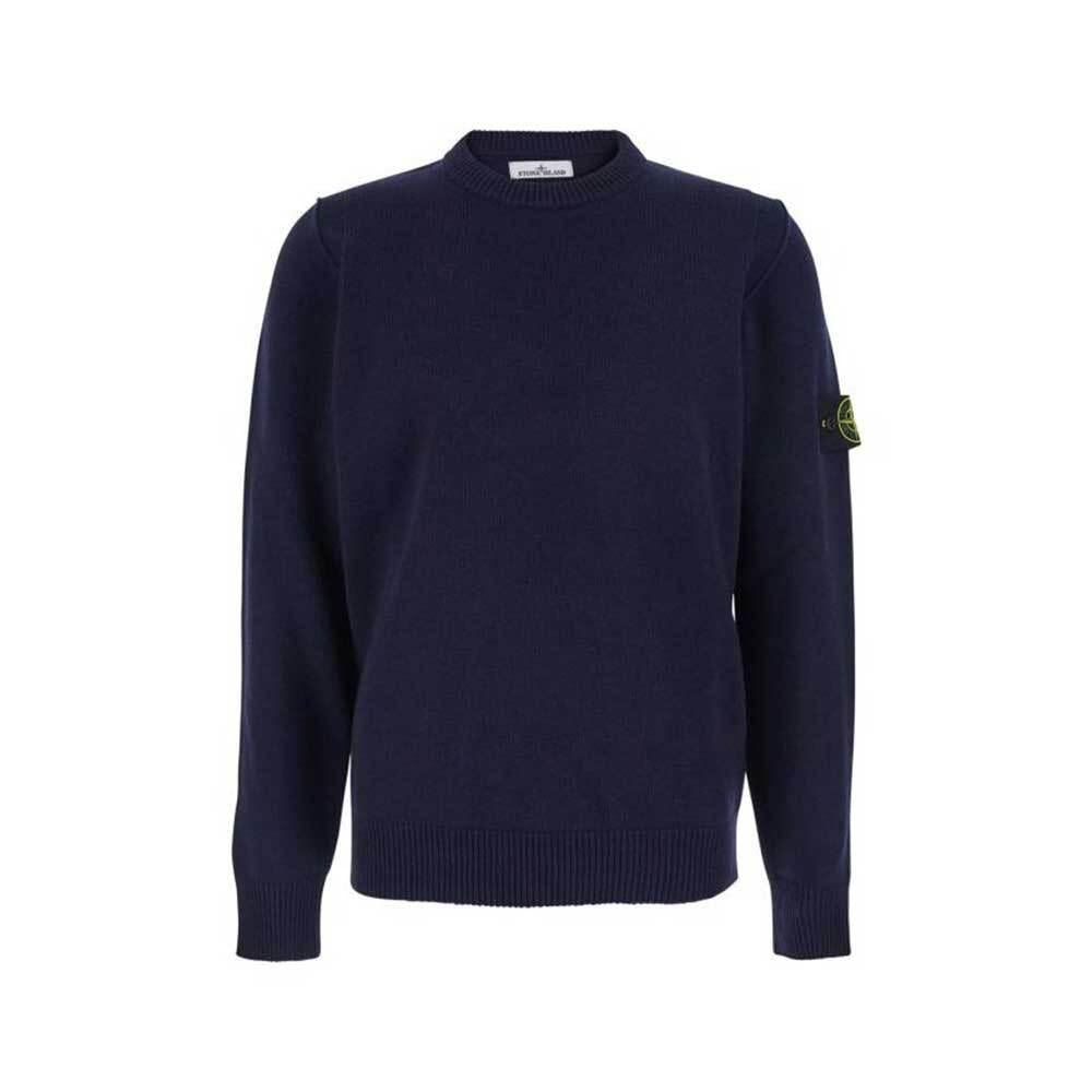 STONE ISLAND Navy Lambswool Crewneck Knit Sweater for Men