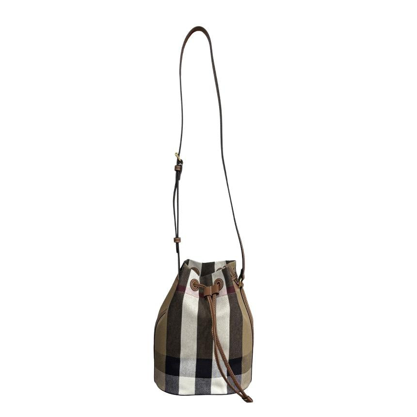 BURBERRY Check Canvas Bucket Shoulder Bag Taupe Brown Crossbody