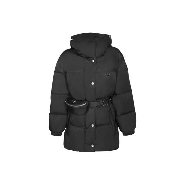 PRADA Black Hooded Belted Puffer Jacket with Triangle Logo Pocket