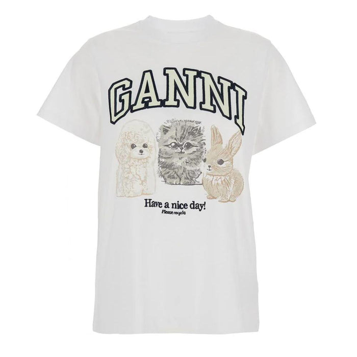 GANNI Bright White Animal Print T-Shirt T4237 151