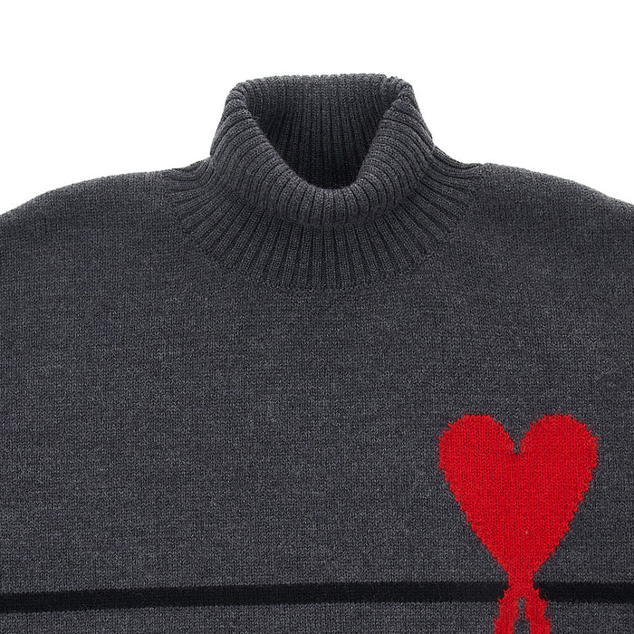 AMI Unisex Big Heart Logo Turtleneck Knit Sweater Gray