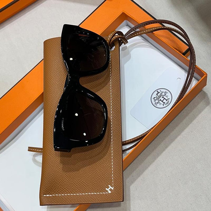 HERMES Brown Gold Epsom Calfskin Eyeglass Case with H Logo Strap