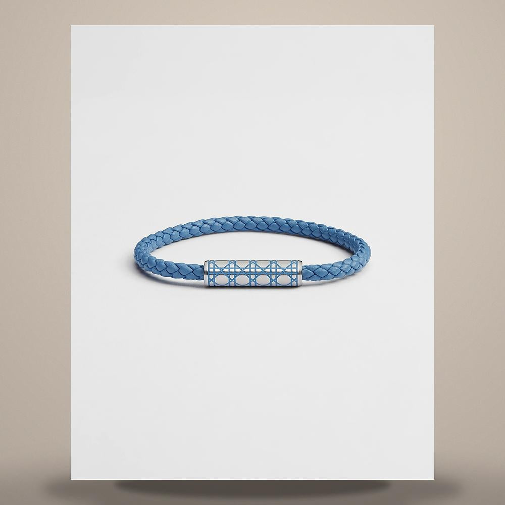 DIOR Light Blue Woven Calfskin Bracelet, Silver-Finish Brass B3384HOMLE D458
