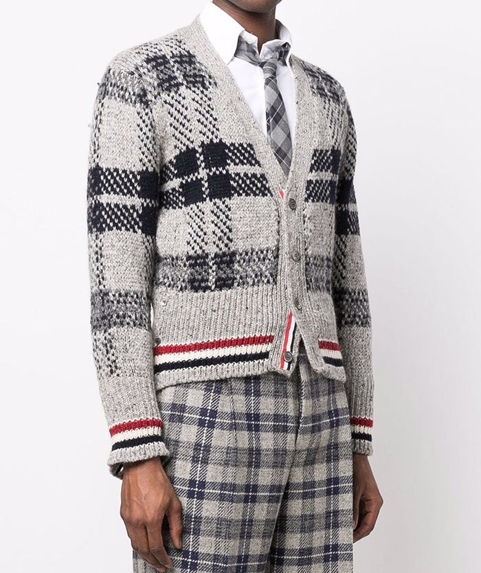 THOM BROWNE Men's Tartan Check Mohair Tricolor Stripe Cardigan MKC431A