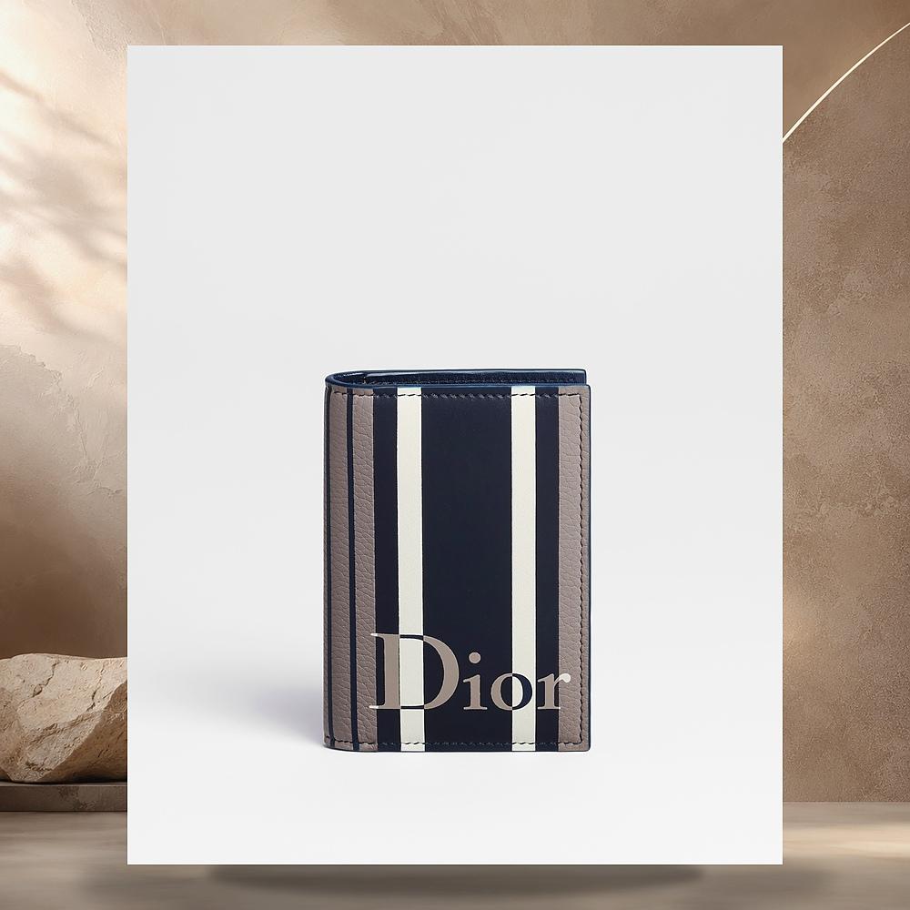 DIOR Gray Blue Sun Stripe Calfskin Marquetry Bifold Card Holder 2ESCH207INTH058