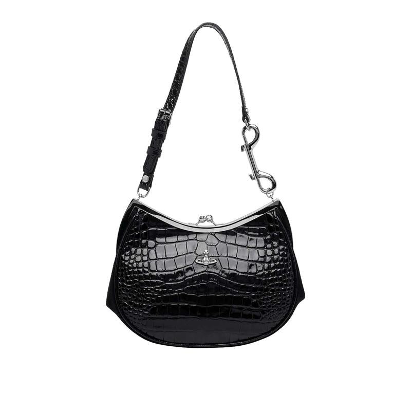 Vivienne Westwood Charm Frame Pearls Tote Bag Black Leather
