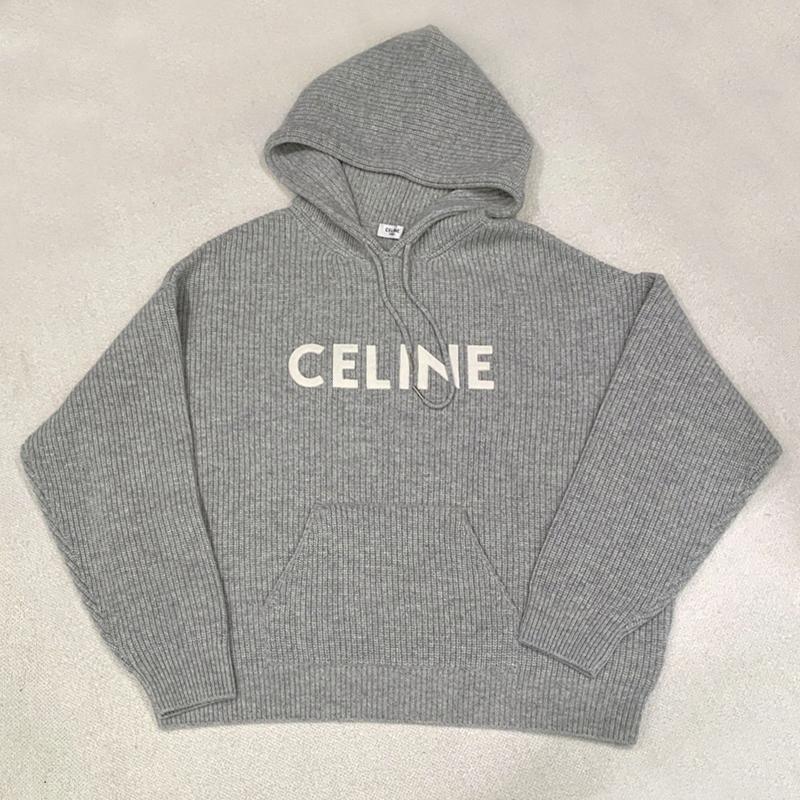 CELINE Ribbed Wool Hooded Knit Sweater Gray