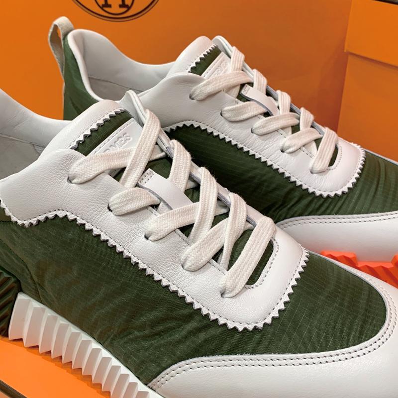 HERMES Men Bouncing Ripstop Fabric Calfskin Khaki H Two-Tone Sneakers