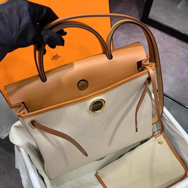 HERMES Herbag 31 Shoulder Tote Bag Beton Canvas Gold Hardware