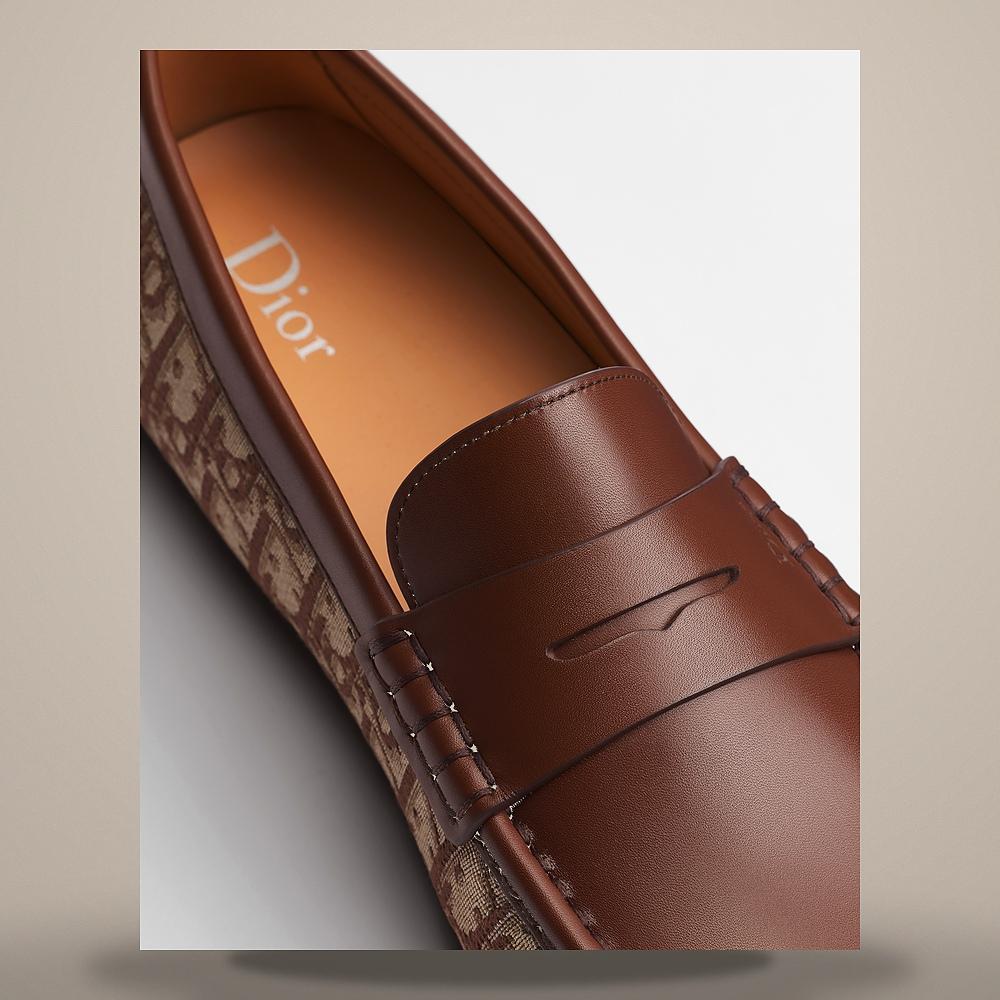 DIOR Brown Smooth Calfskin Loafers with Brown Dior Oblique Jacquar 3LO209ADMH136