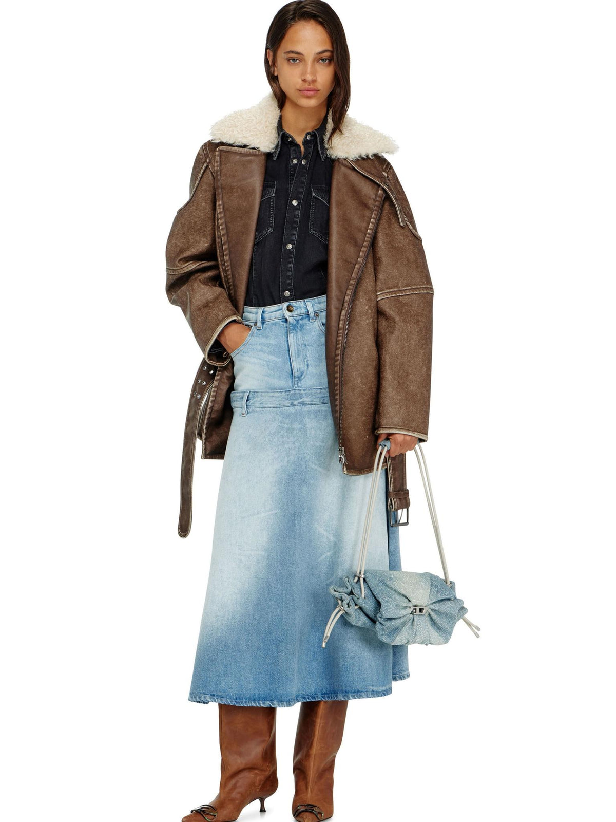 DIESEL Brown Shearling Mouton Leather Jacket