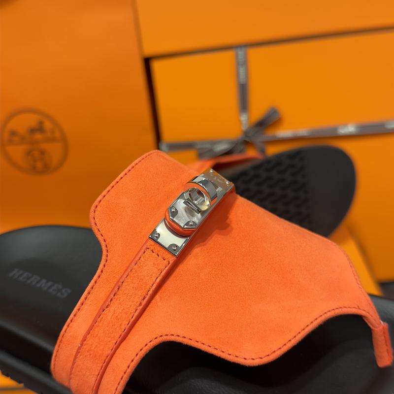 HERMES Empire Kelly Buckle Suede Goatskin Orange Silver Sandals