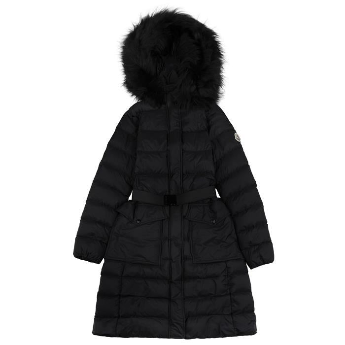 Moncler Black Hooded Shearling-Trim Long Down Jacket
