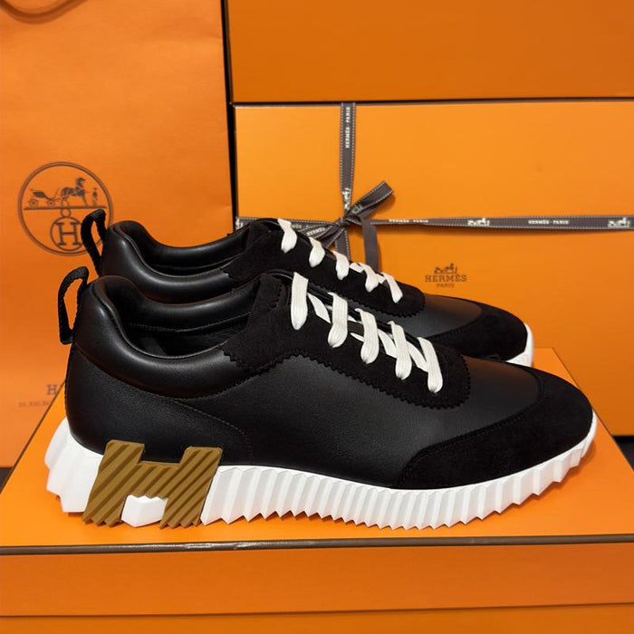 HERMES Men’s Bouncing Low-Top Sneakers Black Goatskin Brown H Logo