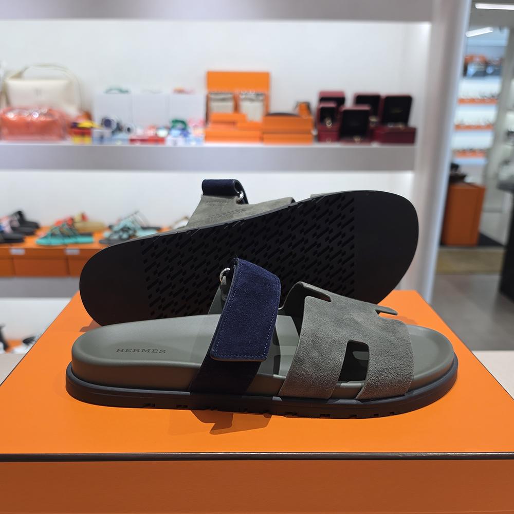 HERMES Men’s Cipre Suede Sandals Khaki Navy