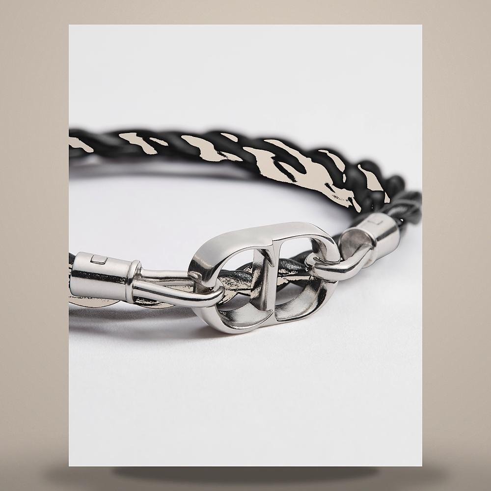 DIOR CD Icon Braided Black Calfskin Double Bracelet Silver-Tone B3210HOMLE D004