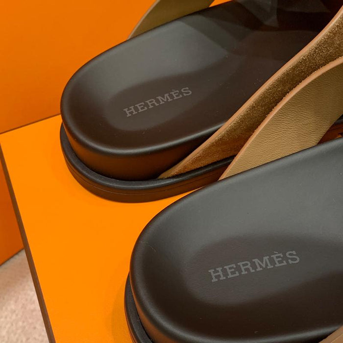 HERMES Men’s Suede Calfskin Casimir Sandals Brown