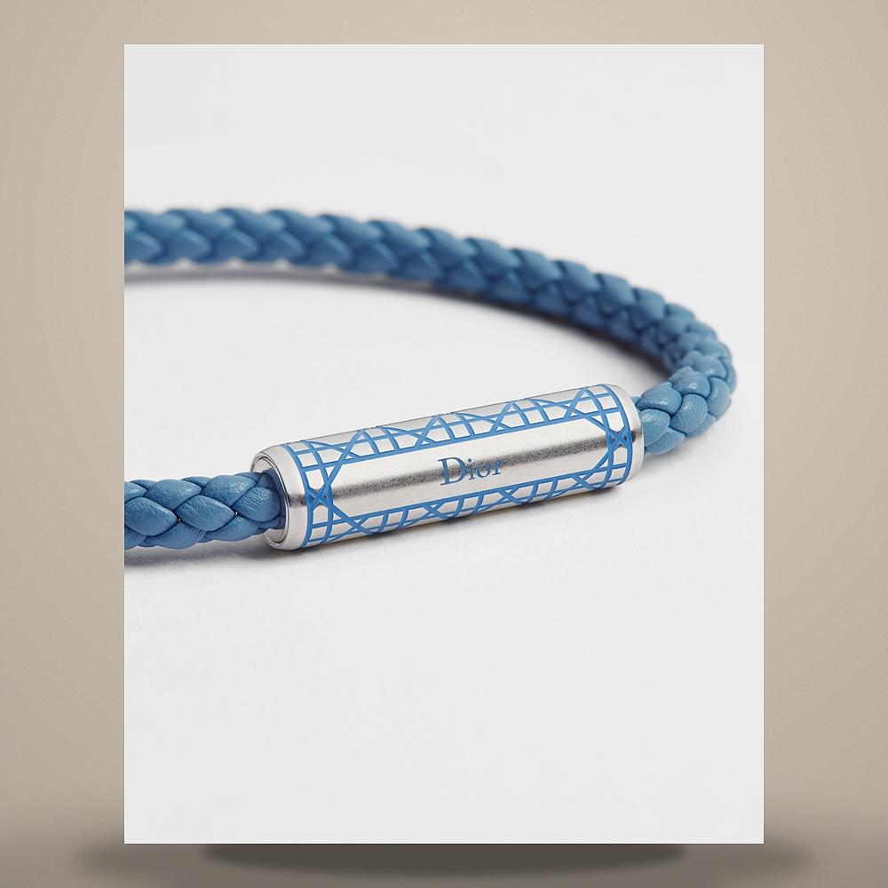 DIOR Light Blue Woven Calfskin Bracelet, Silver-Finish Brass B3384HOMLE D458