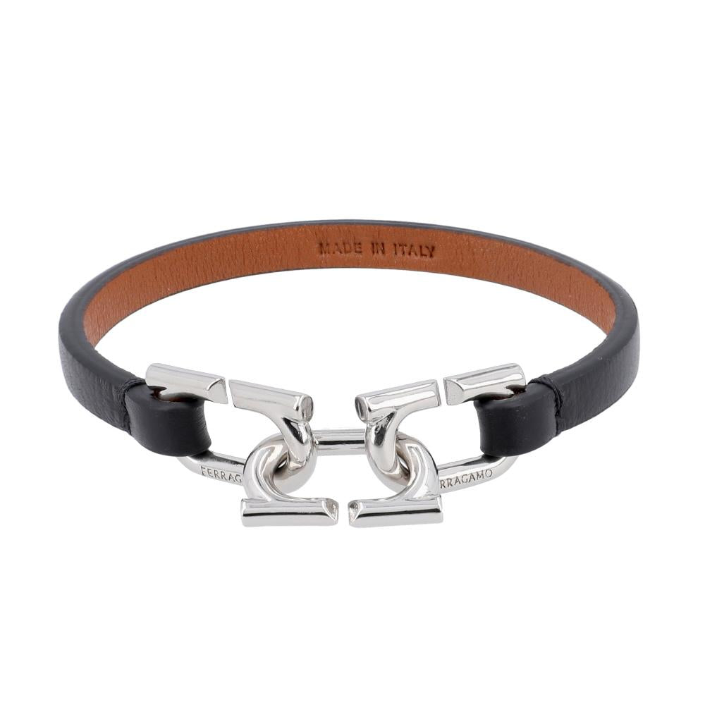 Ferragamo Black Leather Stainless Steel Men’s Bracelet