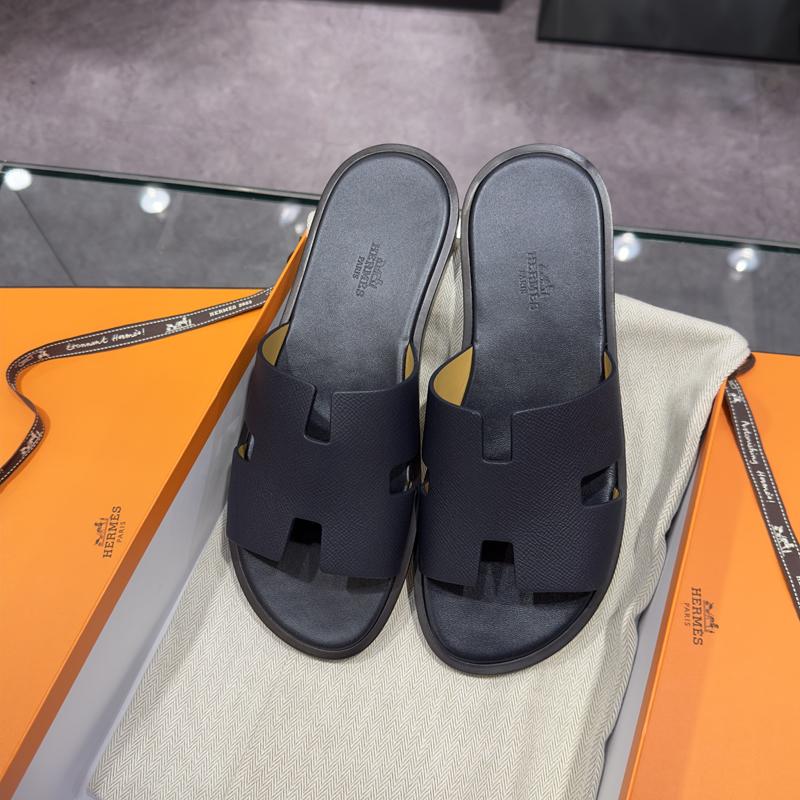 HERMES Izmir Sandals Calfskin Epsom Leather Navy Men's Slippers