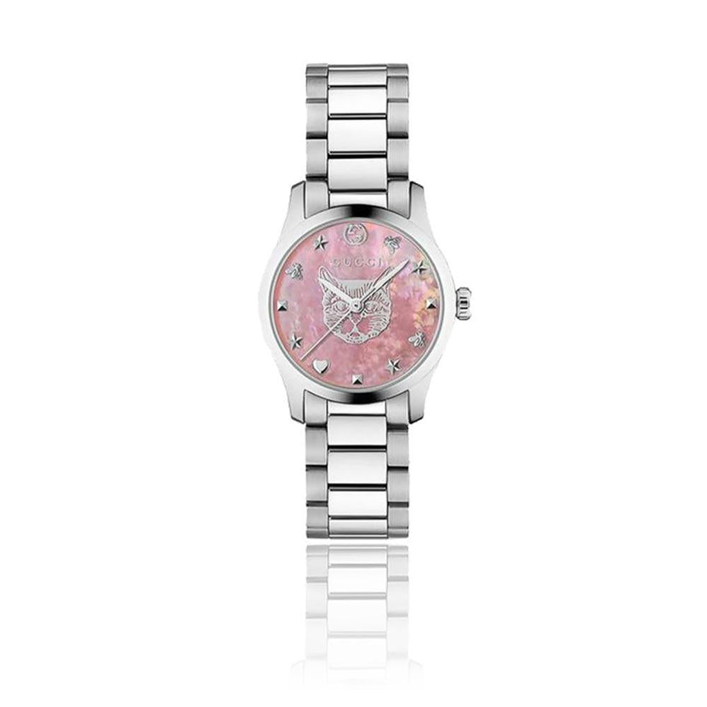 GUCCI Pink Silver G-Timeless Cat Dial Women’s Metal Watch