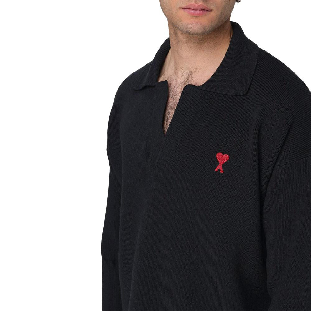 AMI Unisex Heart Logo V-Neck Polo Knit Sweater Black