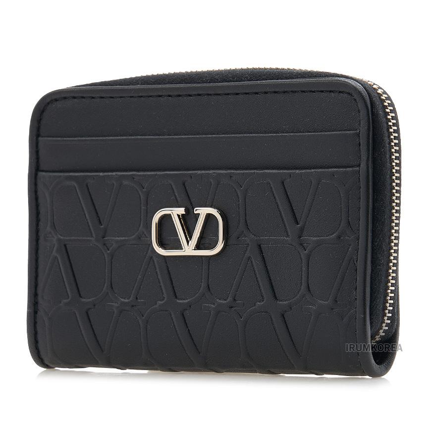 VALENTINO V Logo Signature Leather Compact Wallet Black