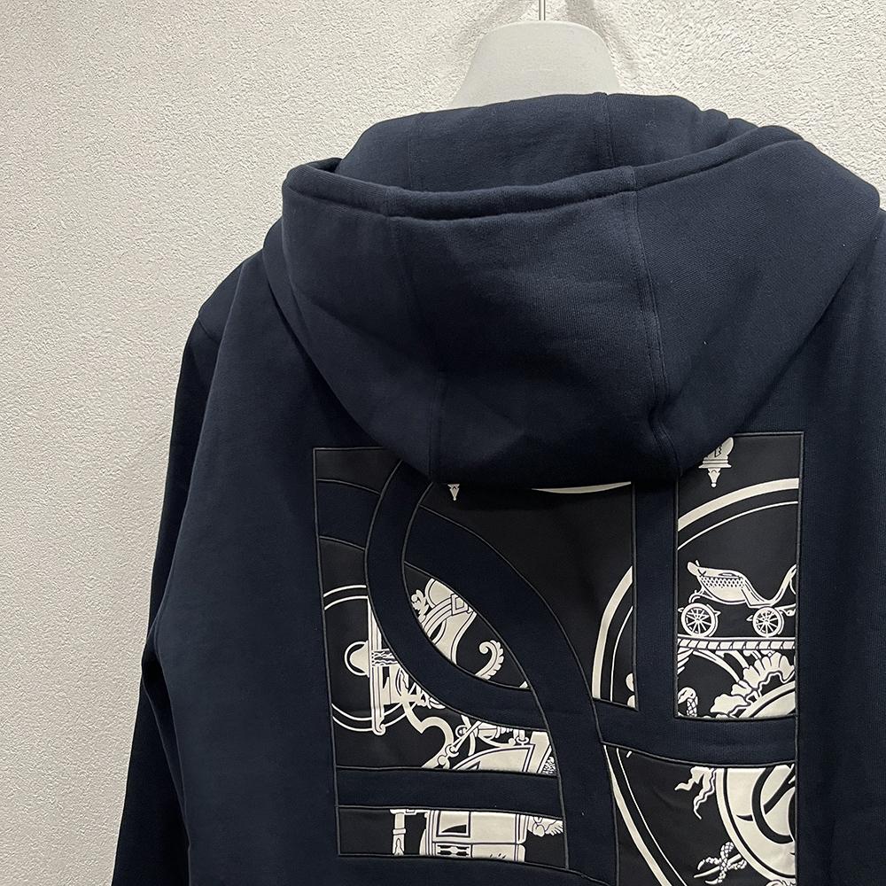 HERMES Ex Libris Silk Detail Zip-Up Hoodie Marine Navy Men’s